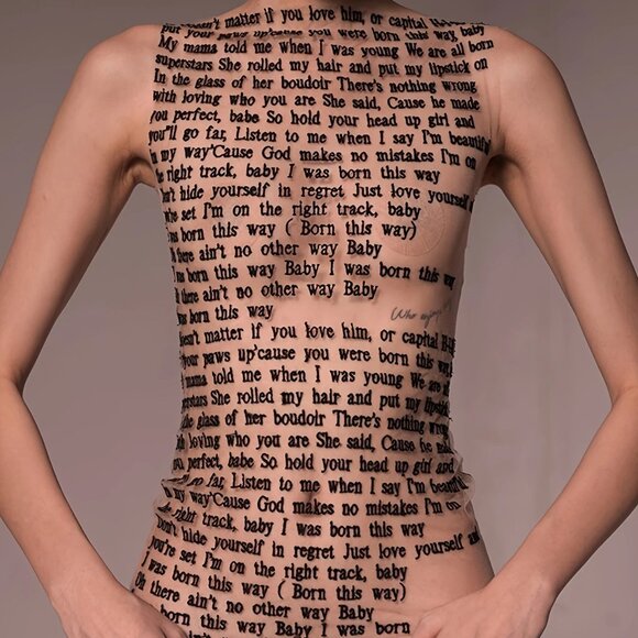 Tops - Nude/Light Beige Lady Gaga Born This Way Lyrics Letter Print Sleeveless Mesh Top